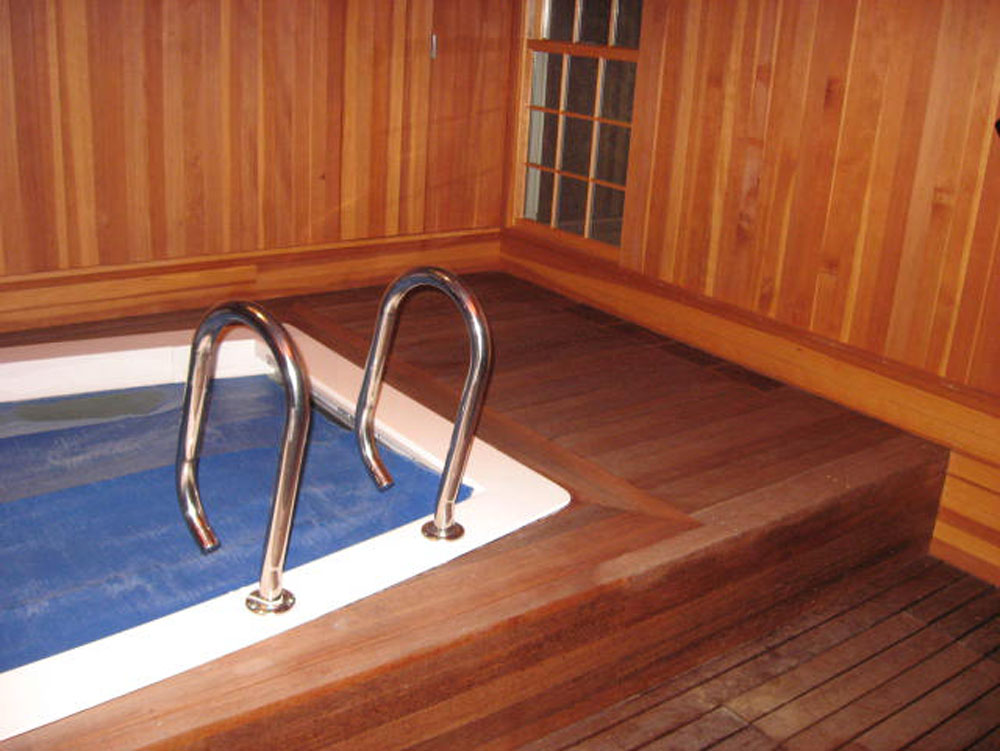Exercise pool set in mahogany deck and fir lined walls